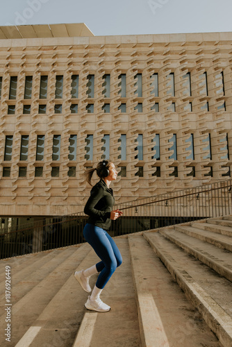 Woman exercises by jogging ...
