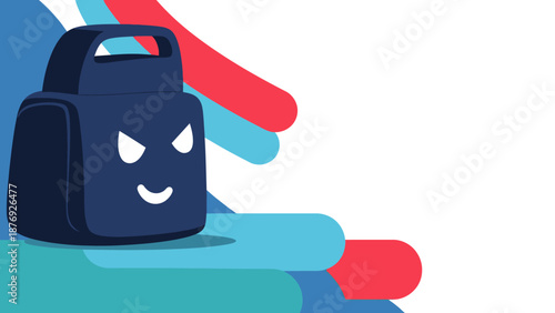 Dark Blue Backpack with Evil Face Illustration.