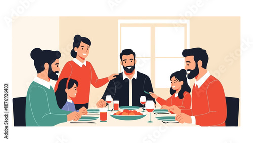 Family Gathering Around Dinner Table Together.