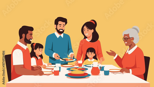 Family Gathering Around Dinner Table Together.