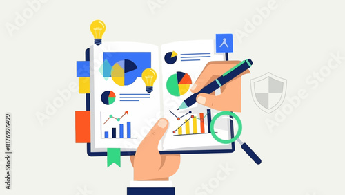 Hand holding tablet with data analysis graphics.