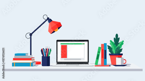 Modern Laptop with Books and Stationery.