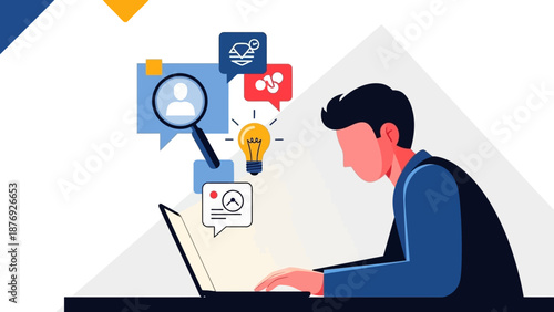 Man Working on Laptop with Icons.