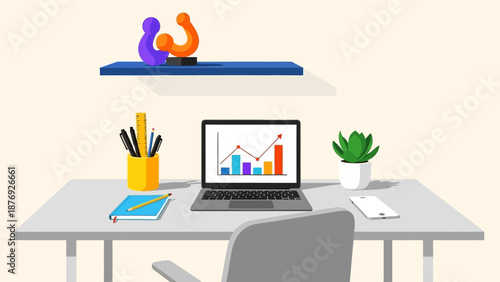 Modern Office Desk with Laptop and Stationery.