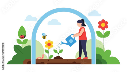 Woman Watering Plants in Garden Archway.