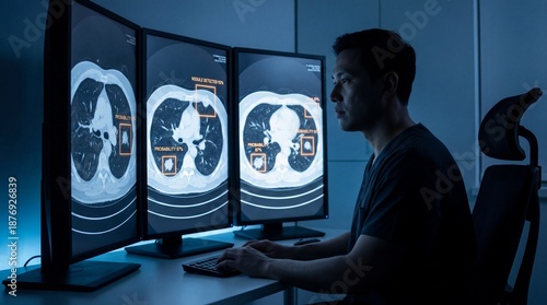 Wallpaper Mural Radiologist analyzing lung CT scans with AI assistance on multiple monitors. Torontodigital.ca