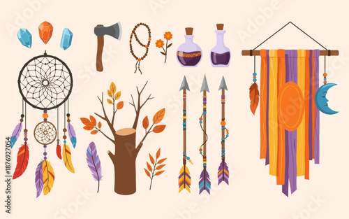 Boho Tribal Artifacts with Dreamcatcher and Shamanic Tools