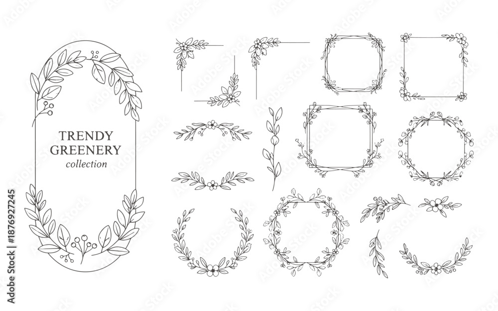 Obraz premium Trendy Greenery Floral Frames and Botanical Line Art Borders