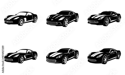 Black sports car in multiple angles with white stripes and transparent background black car black and white