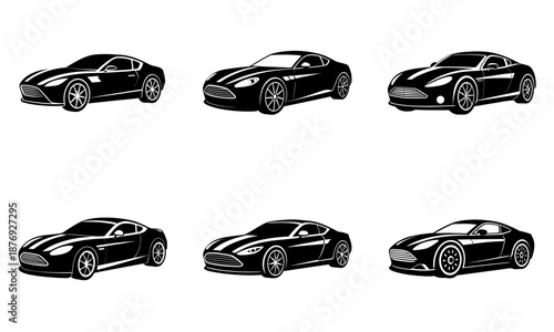 Six Black Luxury Sports Cars Isolated on White Background