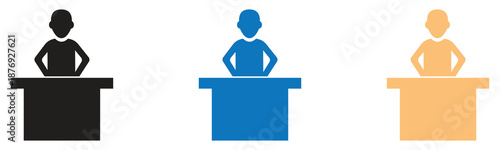 Icons of person standing behind a desk or counter in multiple colors for presentation or work