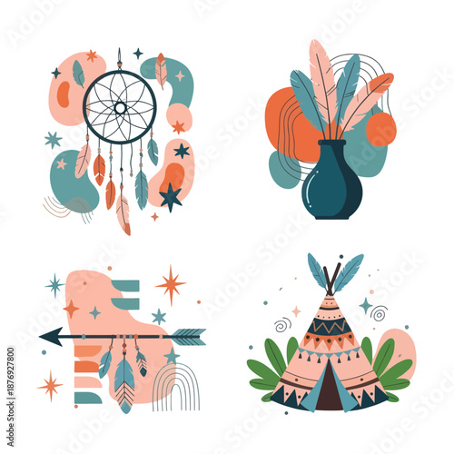 Abstract Boho Composition with Dreamcatcher and Teepee Art