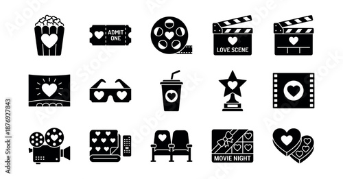 Romance and Movies Heart Icons Set