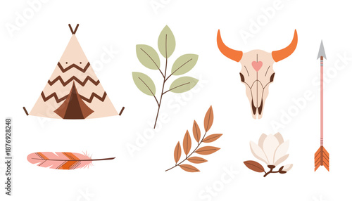 Boho Tribal Elements with Teepee, Skull, and Nature Vector Set