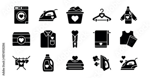 Laundry and clothing care silhouette icons set