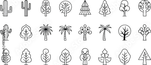 Black and white line of various trees and cacti line black and white plants desert plants