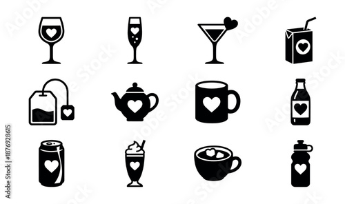 Beverage container heart icons set