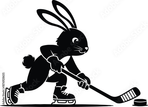 Black cartoon rabbit playing ice hockey with stick and puck