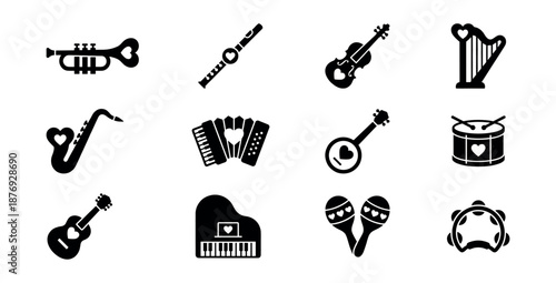 Music instruments heart silhouette icons set