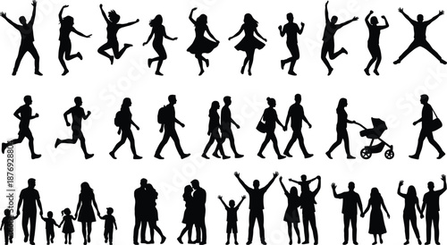 People silhouette collection showing jumping, walking, running, family, parenting and celebration poses, active lifestyle human figures set isolated on white background