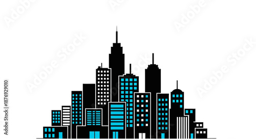 Urban Silhouette: Modern Cityscape Featuring Skyscrapers Against Clear White Background