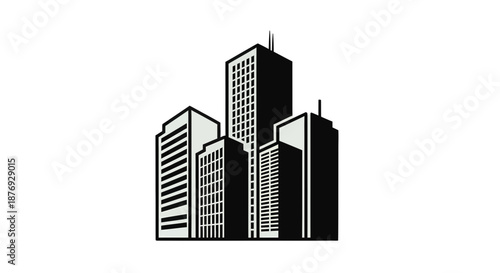 Urban Silhouette: Skyscrapers in Monochrome, Architectural Illustration on White Background