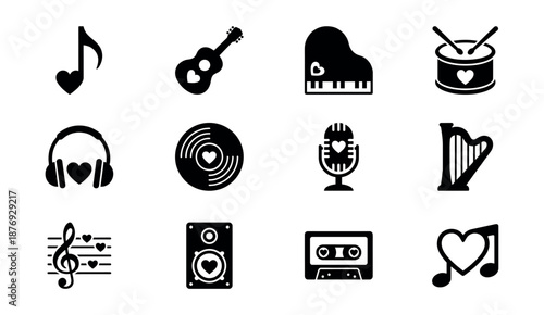 Music-themed black and white icons set with hearts