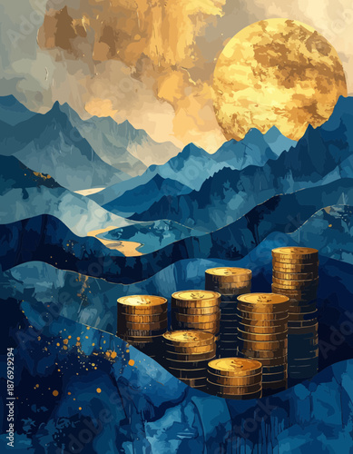 Wealth Accumulation In Blue Mountain Landscape With Golden Sunset Finance Concept