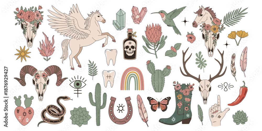 Obraz premium ystic Western Boho Collection with Pegasus Skulls and Desert Icons Vector