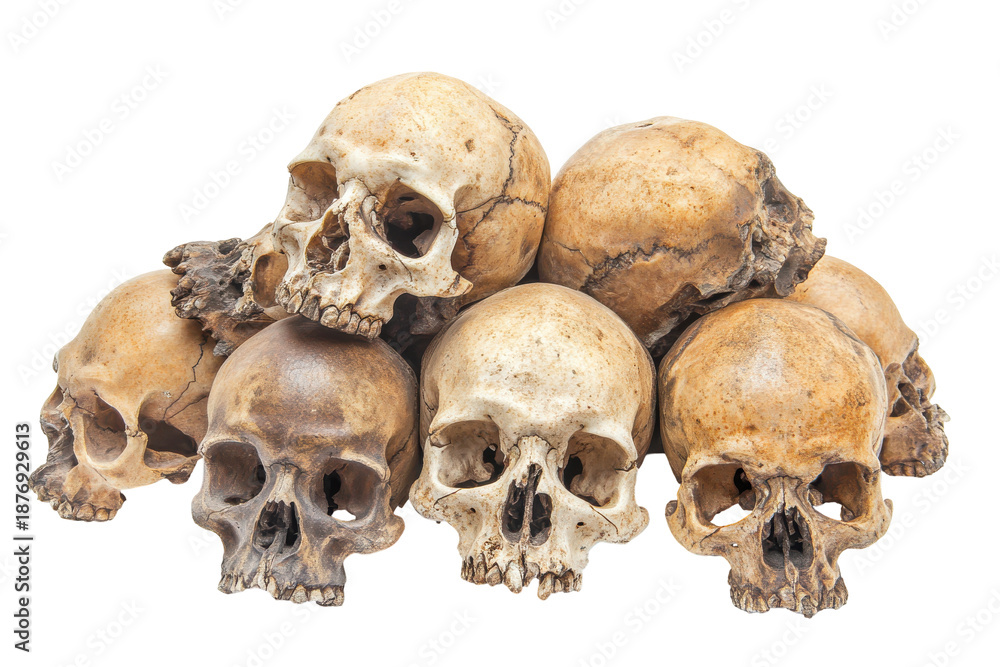 Obraz premium Pile of human skulls isolated on transparent background. Detailed view of a pile of human skulls isolated on white background.