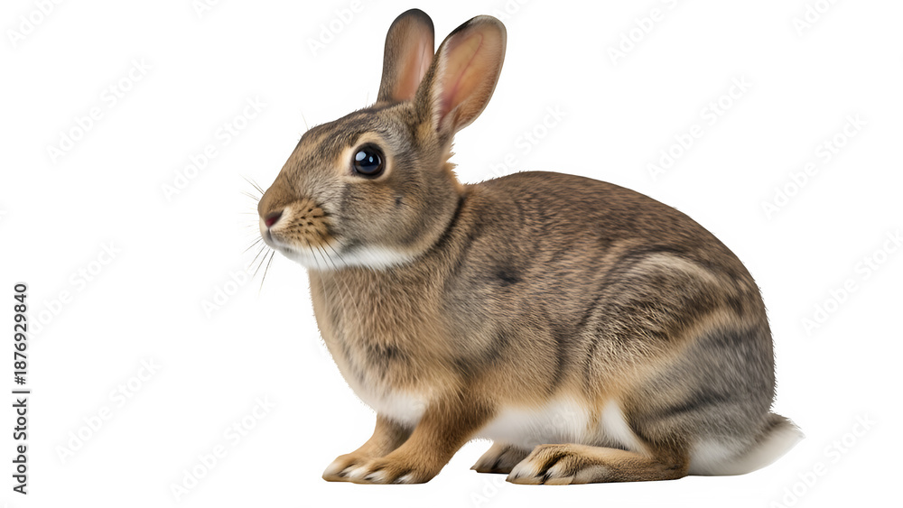 Fototapeta premium Brown wild rabbit sitting alert, isolated on white or transparent background, high resolution, studio lighting, sharp focus, detailed fur, clean cutout, minimal shadow, PNG format