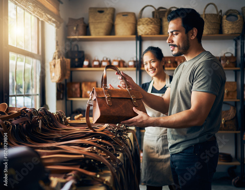 Hispanic gentleman browsing a handcrafted leather purse at a boutique owned by a local entrepreneur, exhibiting indigenous artisanal products. Traditional trading concept.