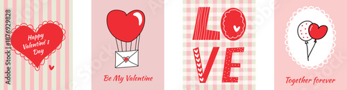 Vector set of romantic cards with decorative hand drawn  hearts, valentine`s day  icons  and love quotes. Cute Valentine designs in soft pink and red, perfect for greeting cards, prints, and gifts. 