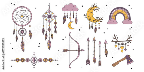 Boho Dreamcatcher and Magic Moon Collection with Celestial Rainbow and Arrows Vector