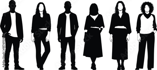 Black silhouettes of six people standing in various poses white background