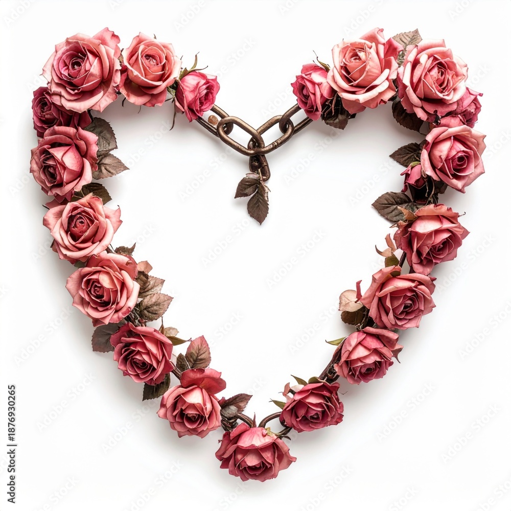 Obraz premium Heart Shape Made with Pink Roses on White Background Floral Love Symbol