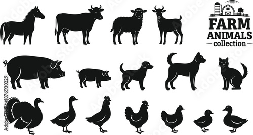 Black silhouettes of various farm animals on white background horse