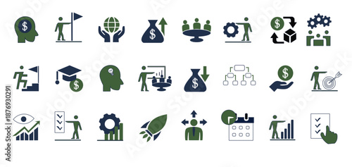 Business and strategy icon set. Green and blue vector symbols for management, finance and corporate growth