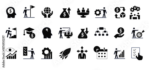 Business and strategy icon set. Monochrome vector symbols for management, finance and growth