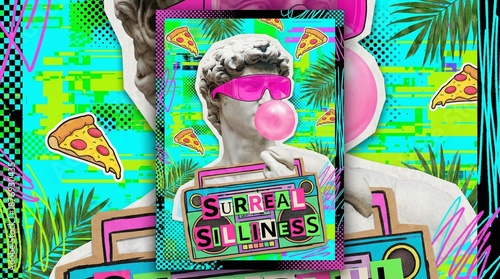 Surreal Digital Collage Art of Greek Statue with VR Goggles and Bubble Gum Vaporwave Style