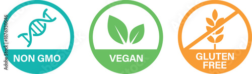 Vegan, Non-GMO, Gluten free colorful icons - set of colorful pictograms for food packaging for healthy natural organic nutrition