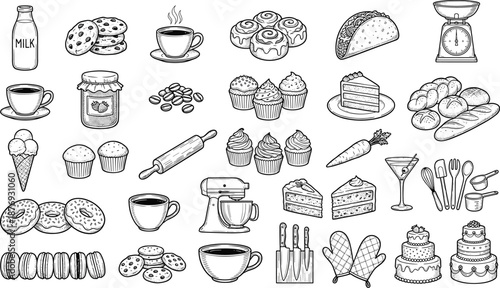 Hand drawn bakery and coffee doodle icons set featuring desserts, pastries, bread, kitchen tools, vintage sketch style isolated on white background