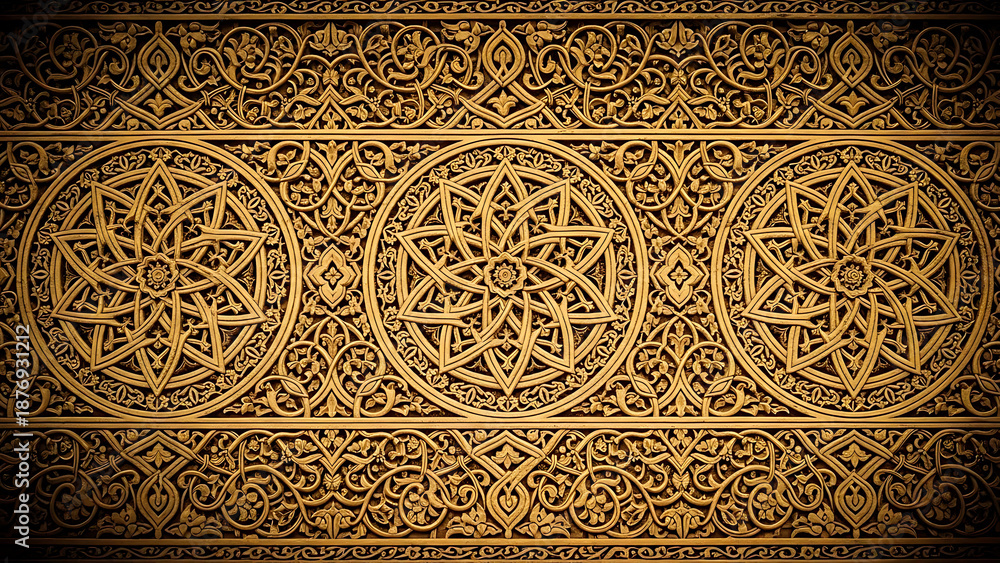 Fototapeta premium Intricate golden arabesque carving pattern background rich texture detail close up