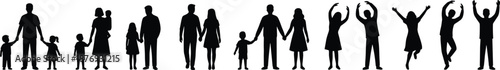 Family silhouette set showing parents and children holding hands and celebrating, happy people icons representing love, unity and togetherness isolated on white background