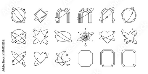 Minimalist Cosmic Orbit and Celestial Badge Line Art Vector Set