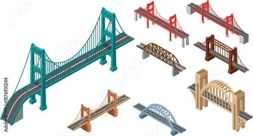 Colorful bridges in different styles and colors suspension bridges arch bridges beam bridges