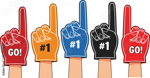 Colorful foam fingers with number one and go slogans cheering sports