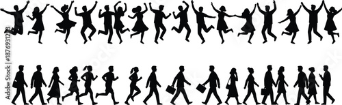 People silhouette set showing jumping celebration poses and walking business crowd, active lifestyle and professional human figures collection isolated on white background