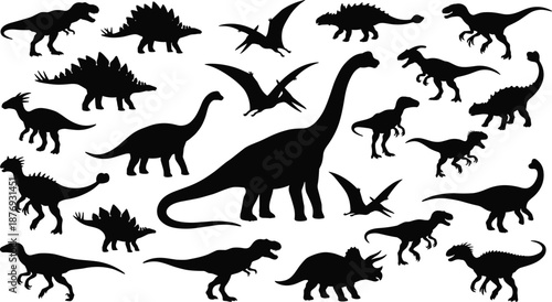 Dinosaur silhouette set featuring flying and walking prehistoric reptiles, jurassic animals collection with various species shapes isolated on white background