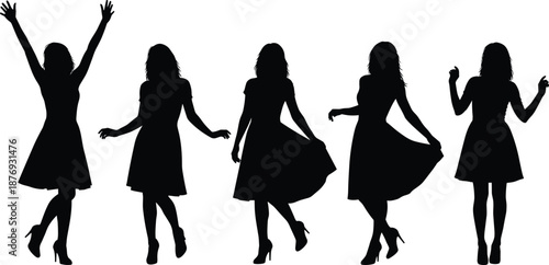 Five black silhouettes of women dancing in dresses and heels